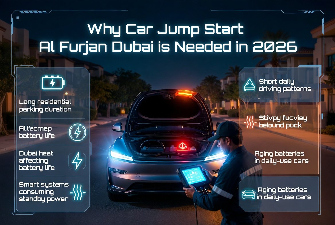 Car jump start Al Furjan Dubai 2026 infographic showing reasons for battery failure including heat, parking duration, and smart system drain.