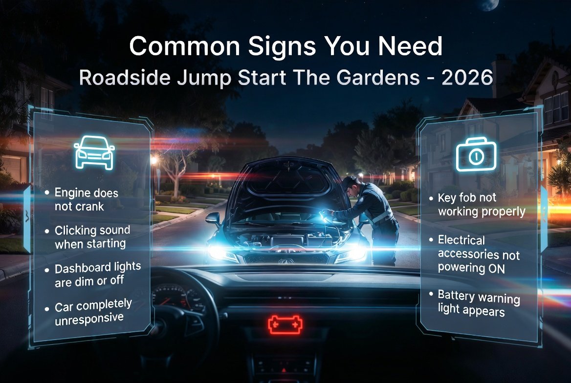 Roadside jump start The Gardens 2026 infographic showing common signs of car battery failure including engine no start, dim lights, and warning indicators.
