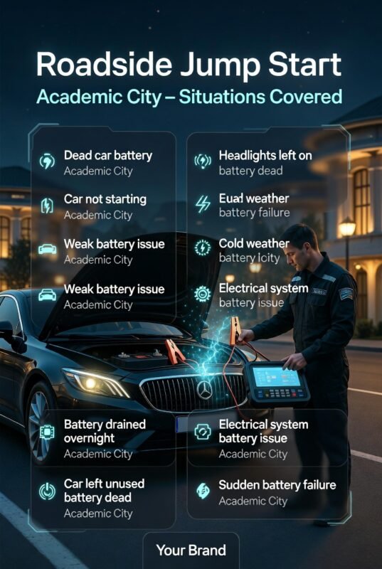 Mobile mechanic performing roadside jump start on a luxury car in Academic City at night, showing battery diagnostic process with infographic-style situations listed on both sides.