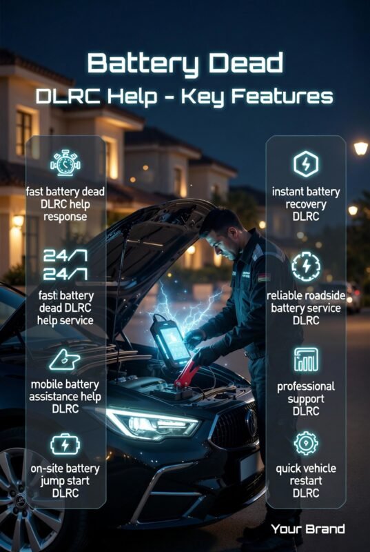 Mobile mechanic performing car battery jump start in Dubai Land Residence Complex (DLRC) at night with infographic-style key features displayed on both sides in a modern guide layout.