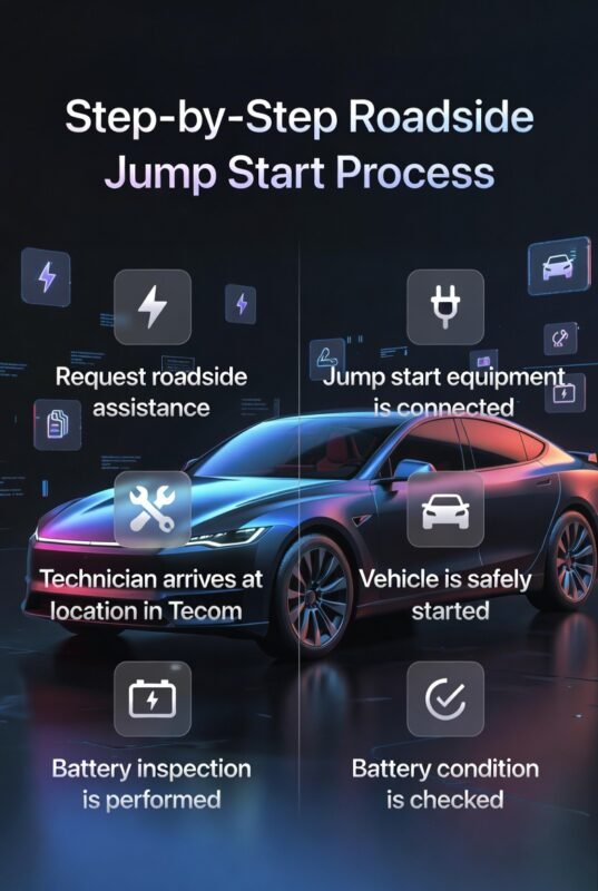 A modern step-by-step roadside jump start process image showing a central car with steps displayed on both sides and a bold title at the top in a futuristic design.