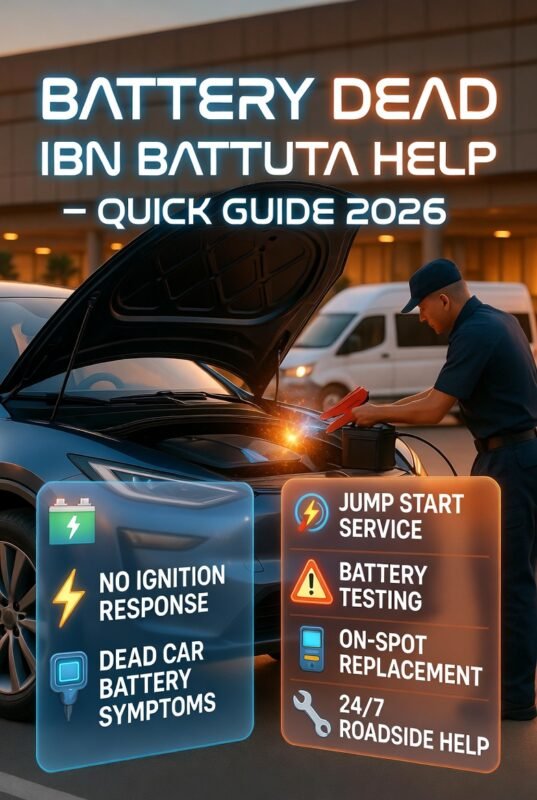 Battery dead Ibn Battuta help guide showing roadside jump start service, technician assisting a car in parking area with emergency battery boost, step-by-step assistance highlights on sides in infographic style.