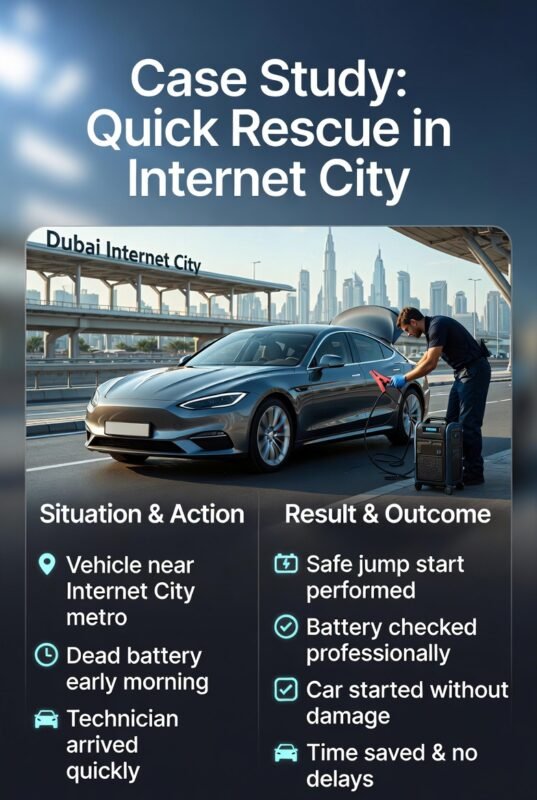 Case study infographic showing a car jump start rescue in Dubai Internet City with situation, action, and results displayed clearly.