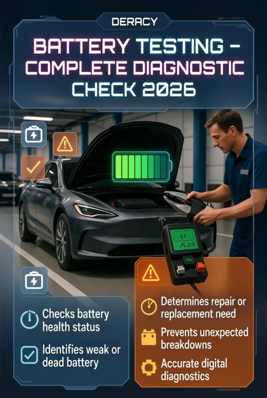 Infographic showing battery testing process using a digital diagnostic tool to check car battery health and determine whether it is recoverable or needs replacement.
