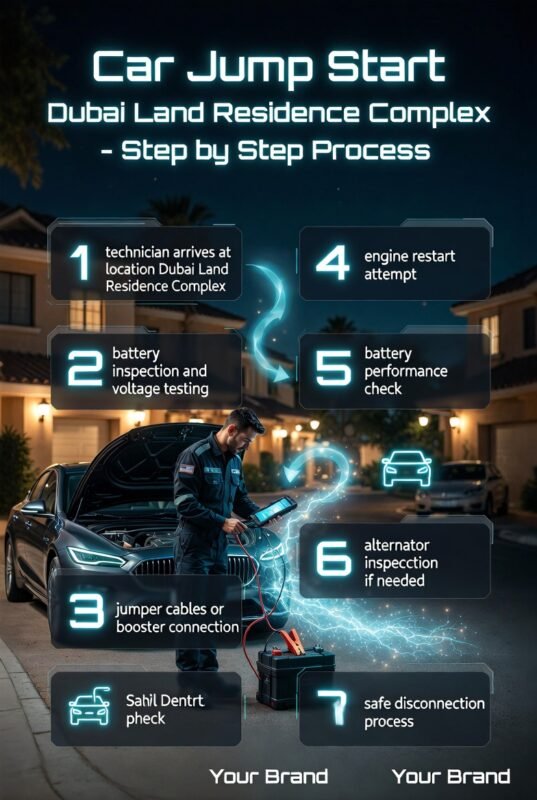 Mobile mechanic performing step-by-step car jump start service in Dubai Land Residence Complex at night using diagnostic tools and booster cables with infographic process steps displayed on both sides.