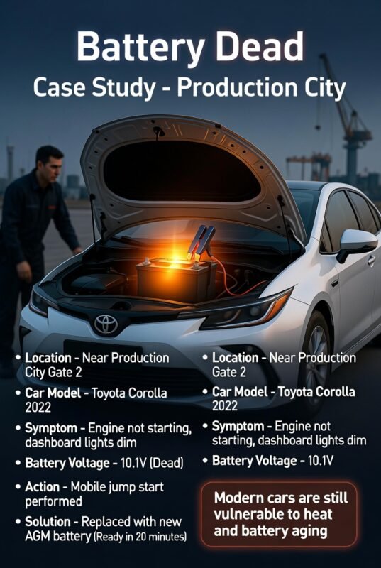 "Battery dead case study in Production City showing Toyota Corolla 2022 being jump-started with glowing battery cables, with key details like symptoms, voltage, and solution displayed on sides."