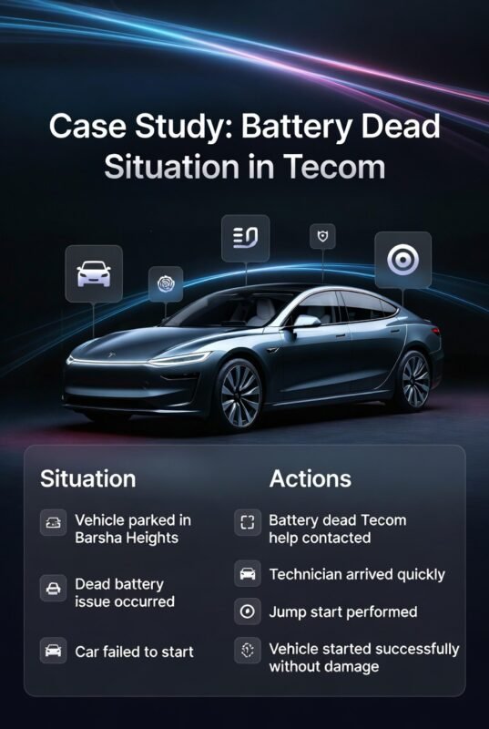 A modern case study image showing a battery dead situation in Tecom with situation, problem, action, and result displayed around a central car image in a futuristic design.