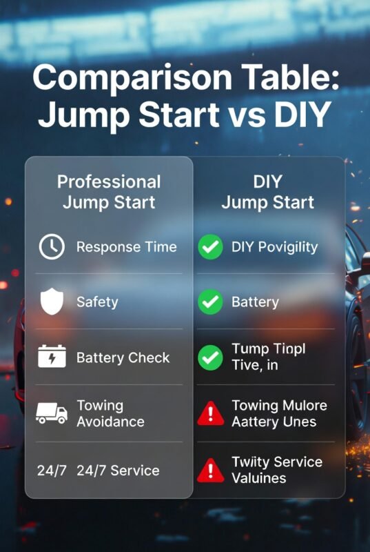 Comparison infographic showing professional jump start versus DIY jump start with features, safety, and response time differences.