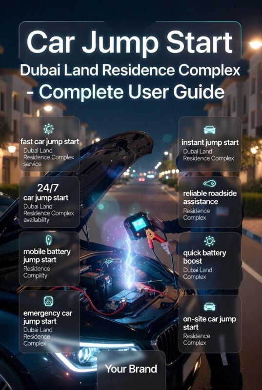 Mobile mechanic performing roadside car jump start in Dubai Land Residence Complex at night using a booster device, with infographic-style service features displayed on both sides in a modern guide layout.
