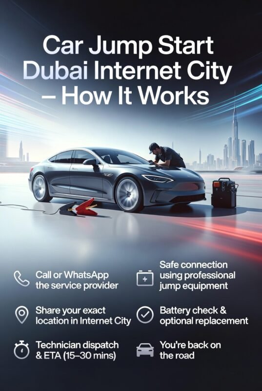 User guide infographic showing step-by-step car jump start process in Dubai Internet City with a central car and clear instructions on both sides.