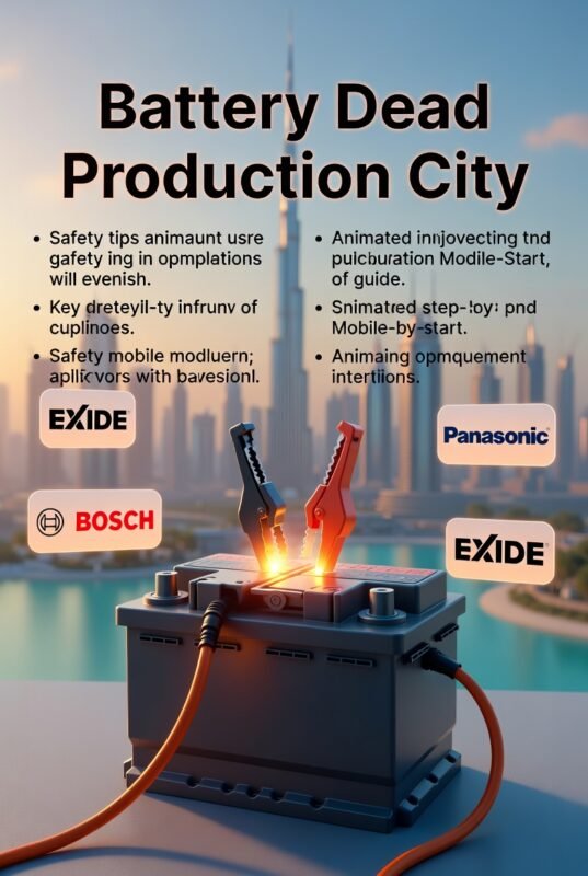 "Battery Dead Production City guide illustration showing a car battery in the center with glowing animated cables, Dubai skyline in the background, and key tips displayed on sides with top brands like Bosch, Exide, and Panasonic highlighted."