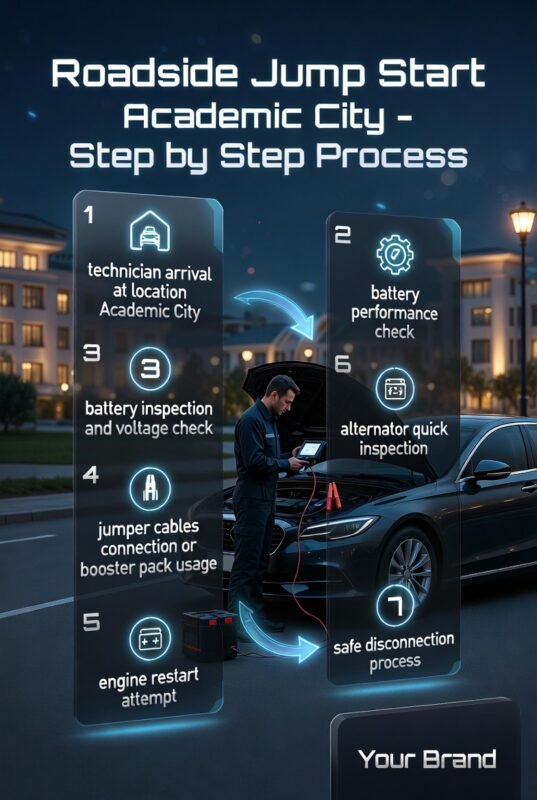 Mobile mechanic performing step-by-step roadside jump start process on a luxury car in Academic City, showing diagnostic tools, jumper cables, and infographic process steps on both sides.