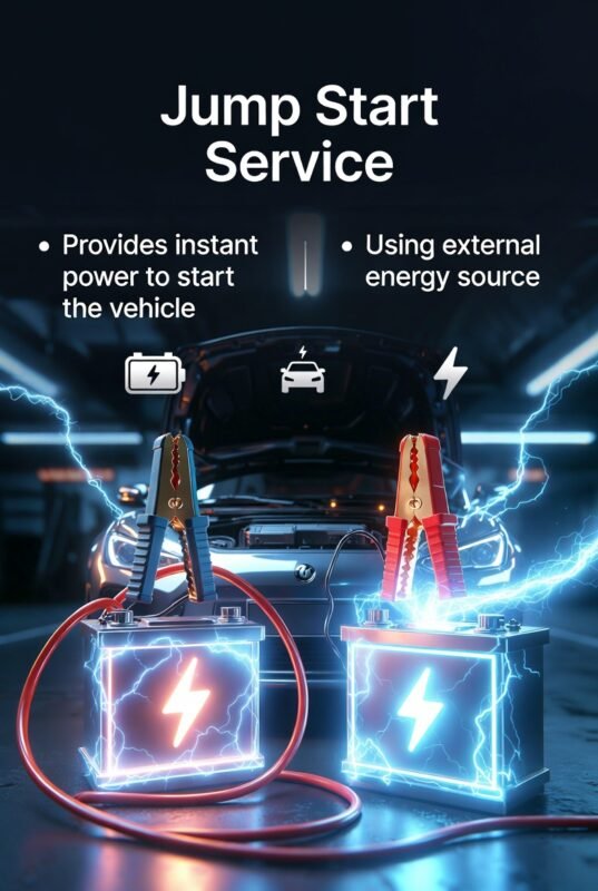 Infographic showing jump start service with a car being powered by external energy and a central battery connection image.