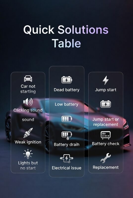 A modern quick solutions table image showing car problems, causes, and solutions with a central car and structured points on both sides in a futuristic design.