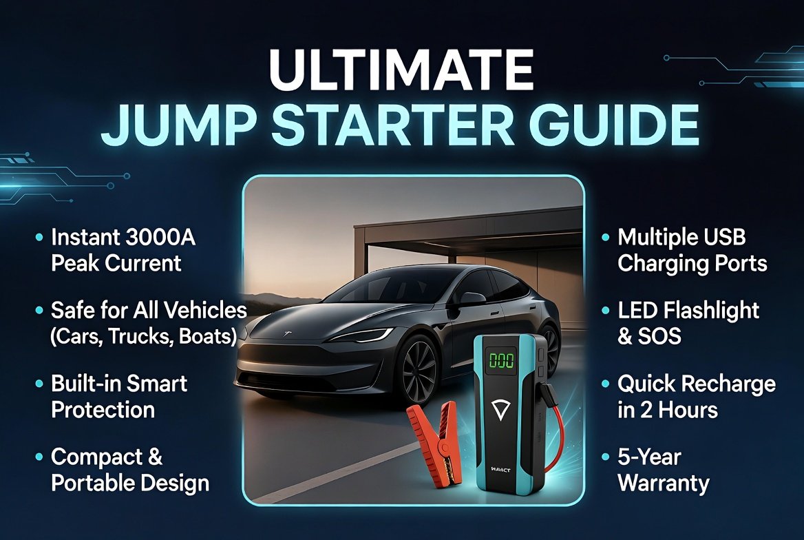 Professional user guide image showing car battery dead Internet City help with central car image, bullet points on sides, and a clean modern layout explaining jump start services and roadside assistance.