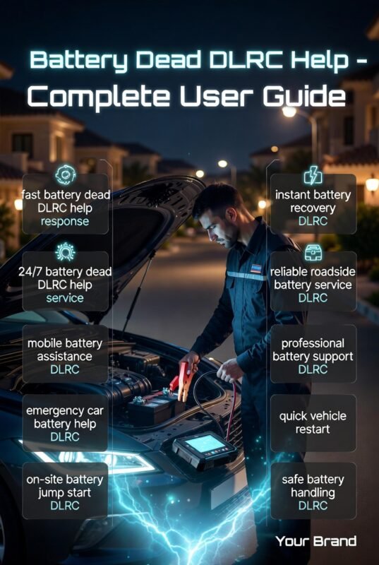 Mobile mechanic performing roadside battery jump start in Dubai Land Residence Complex (DLRC) at night using booster device with infographic-style service features displayed on both sides.