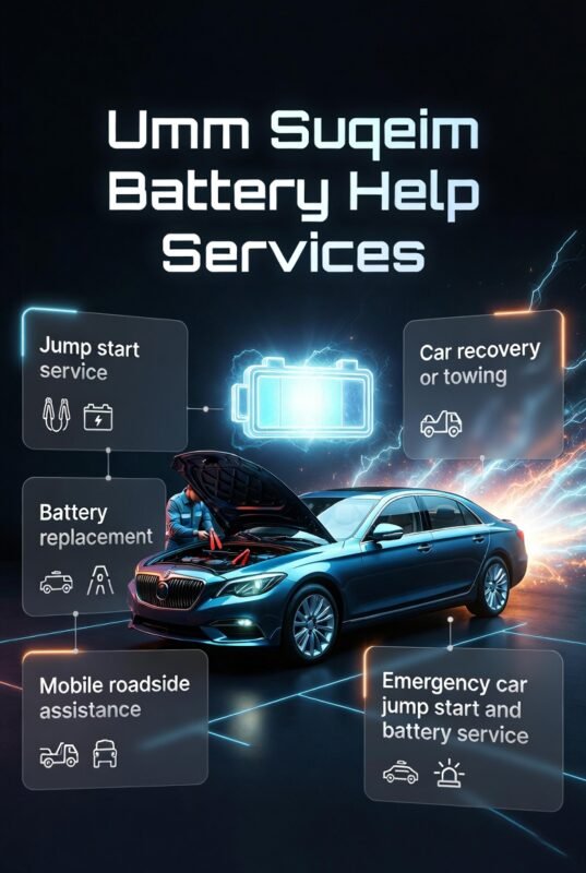 Infographic showing Umm Suqeim battery help services with a central car and side panels listing jump start, battery replacement, and roadside assistance options.