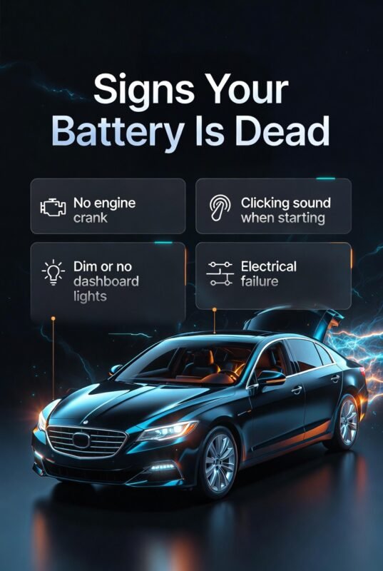 Infographic showing signs of a dead car battery with a central luxury car and side panels listing symptoms like no crank, dim lights, and clicking sound.