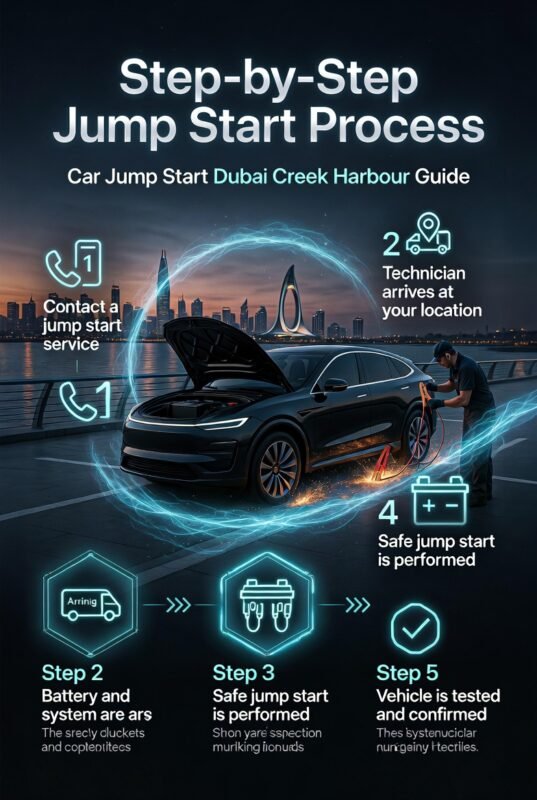 Step-by-step car jump start process infographic in Dubai Creek Harbour showing technician assistance, battery checking, and safe vehicle start in a modern visual layout.