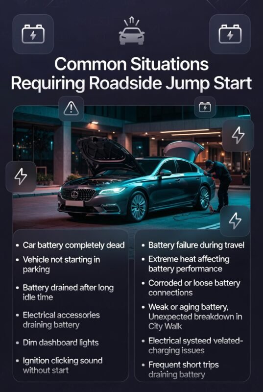 Infographic showing common situations requiring roadside jump start with a car and technician in the center and multiple battery-related issues listed on the sides.