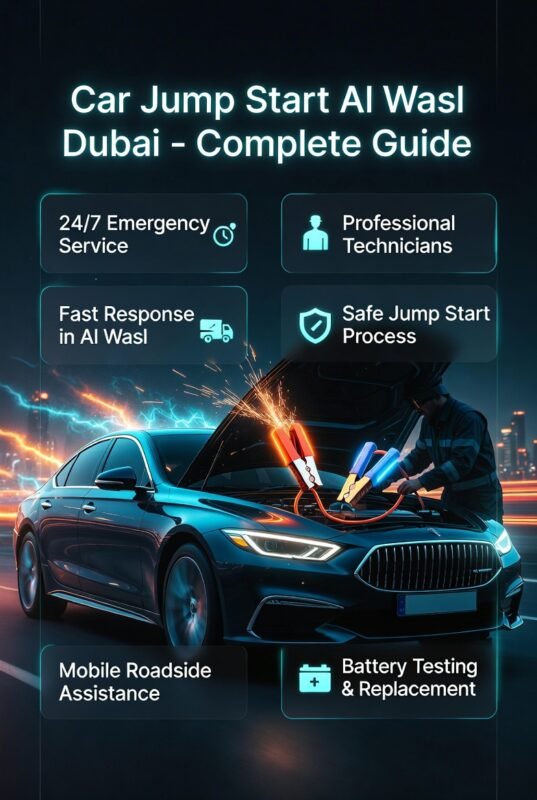 Car jump start service in Al Wasl Dubai with a luxury car, roadside technician, and key service features displayed in an animated modern guide layout.
