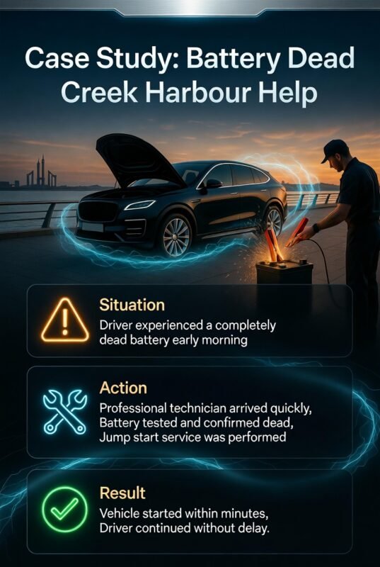 Case study infographic showing battery dead help in Creek Harbour, including situation, technician action, and result with a car jump start and recovery.