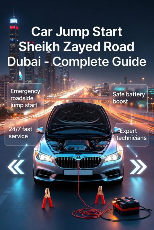 Car jump start Sheikh Zayed Road Dubai professional service illustration with central luxury car and roadside assistance elements