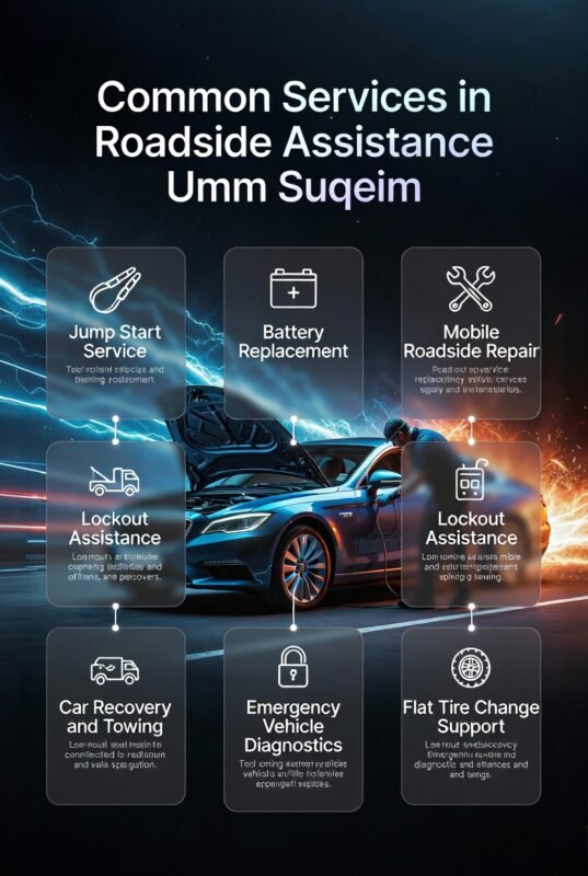 Infographic showing common roadside assistance services in Umm Suqeim with a central luxury car and side panels listing jump start, towing, diagnostics, and tire change support.