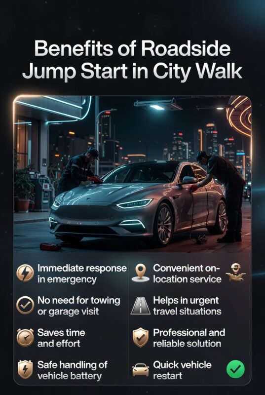 Infographic showing benefits of roadside jump start in City Walk with a technician assisting a car and key advantages listed on the sides.