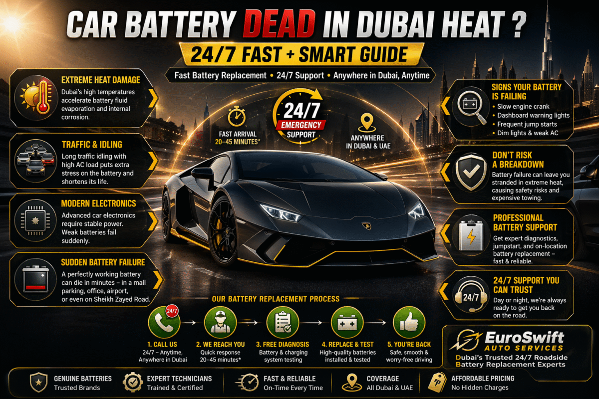 Infographic showing car battery dead in Dubai heat causes, emergency 24/7 support, and fast roadside replacement guide with a luxury sports car in Dubai skyline background.