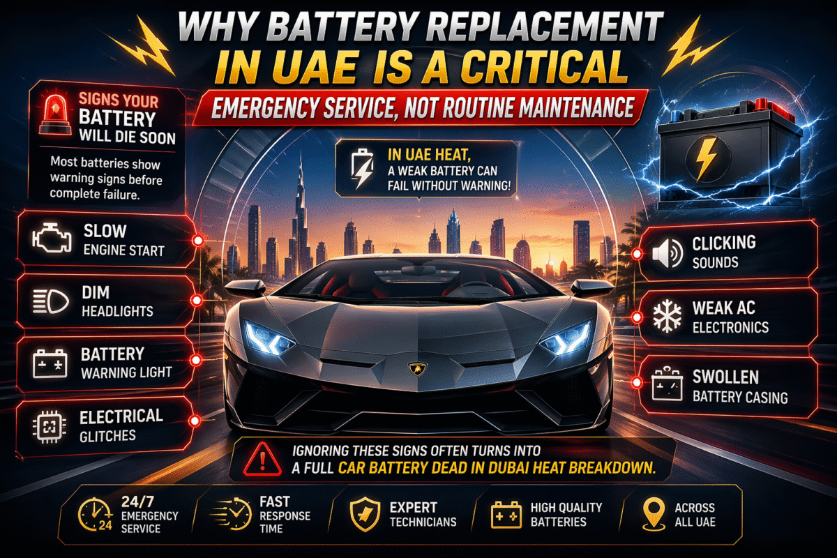 Luxury infographic showing a silver Lamborghini in Dubai with battery warning signs around it and emergency battery replacement message for UAE drivers.