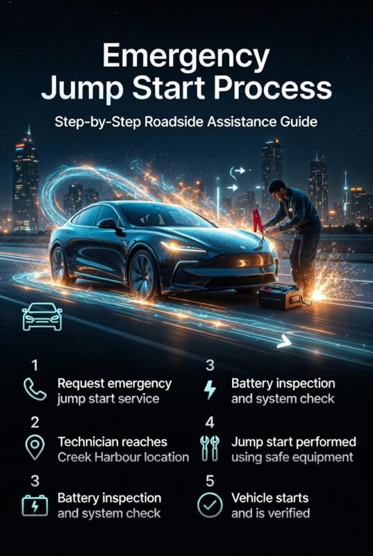 Emergency jump start process infographic showing step-by-step roadside assistance with technician, battery inspection, and safe jump start procedure.