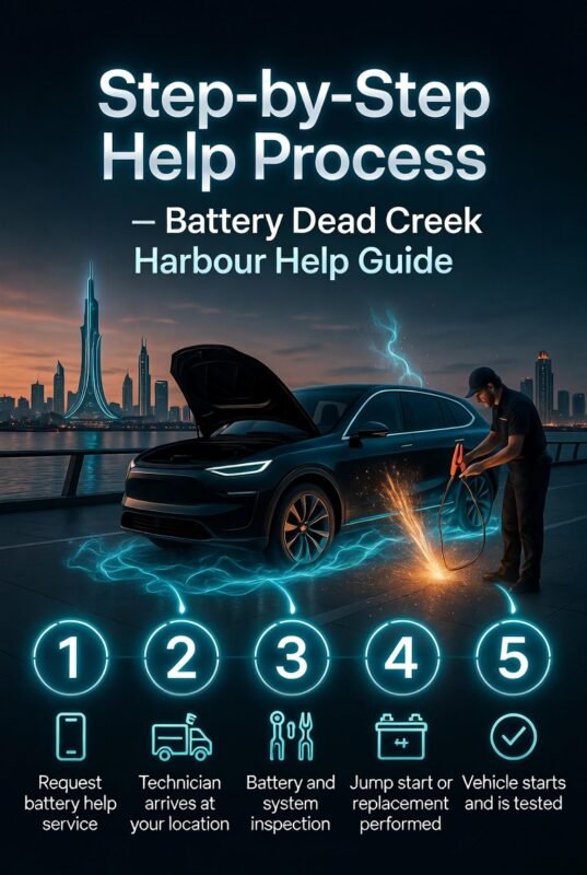 Step-by-step battery dead help process infographic showing technician assistance, battery inspection, jump start, and vehicle starting in a modern layout.