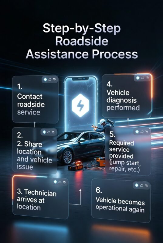 Step-by-step infographic showing the roadside assistance process with a central car and panels listing steps from contacting service to vehicle becoming operational.