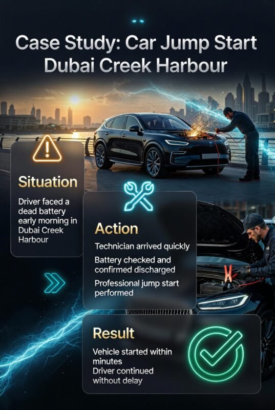 Case study infographic showing a car jump start in Dubai Creek Harbour, including situation, action, and result with technician assistance and vehicle recovery.