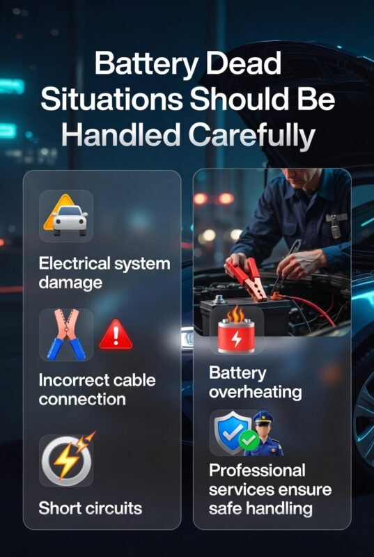 Infographic showing battery dead safety precautions with a technician safely handling a car battery and side warnings like short circuits and overheating.