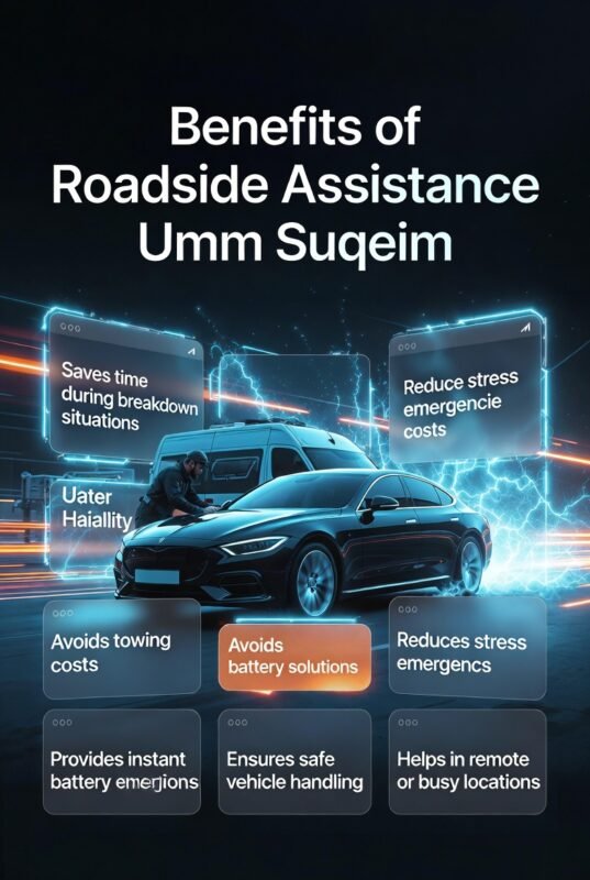 Infographic showing benefits of roadside assistance Umm Suqeim with a central car and side panels listing advantages like saving time, reducing stress, and instant battery help.