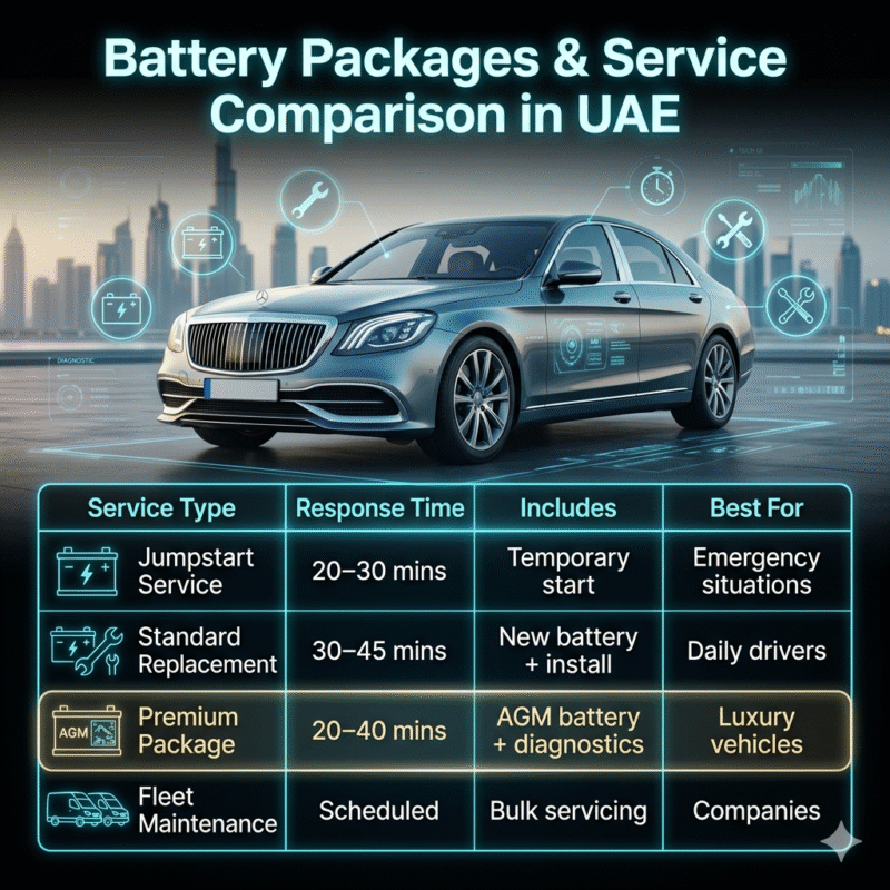 A premium infographic showing different car battery service packages in UAE with response times, features, and best use cases.
