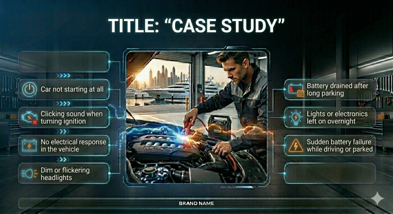 Roadside jump start case study showing a car battery issue in Dubai Harbour with situation, problem, action, and result displayed around the image.