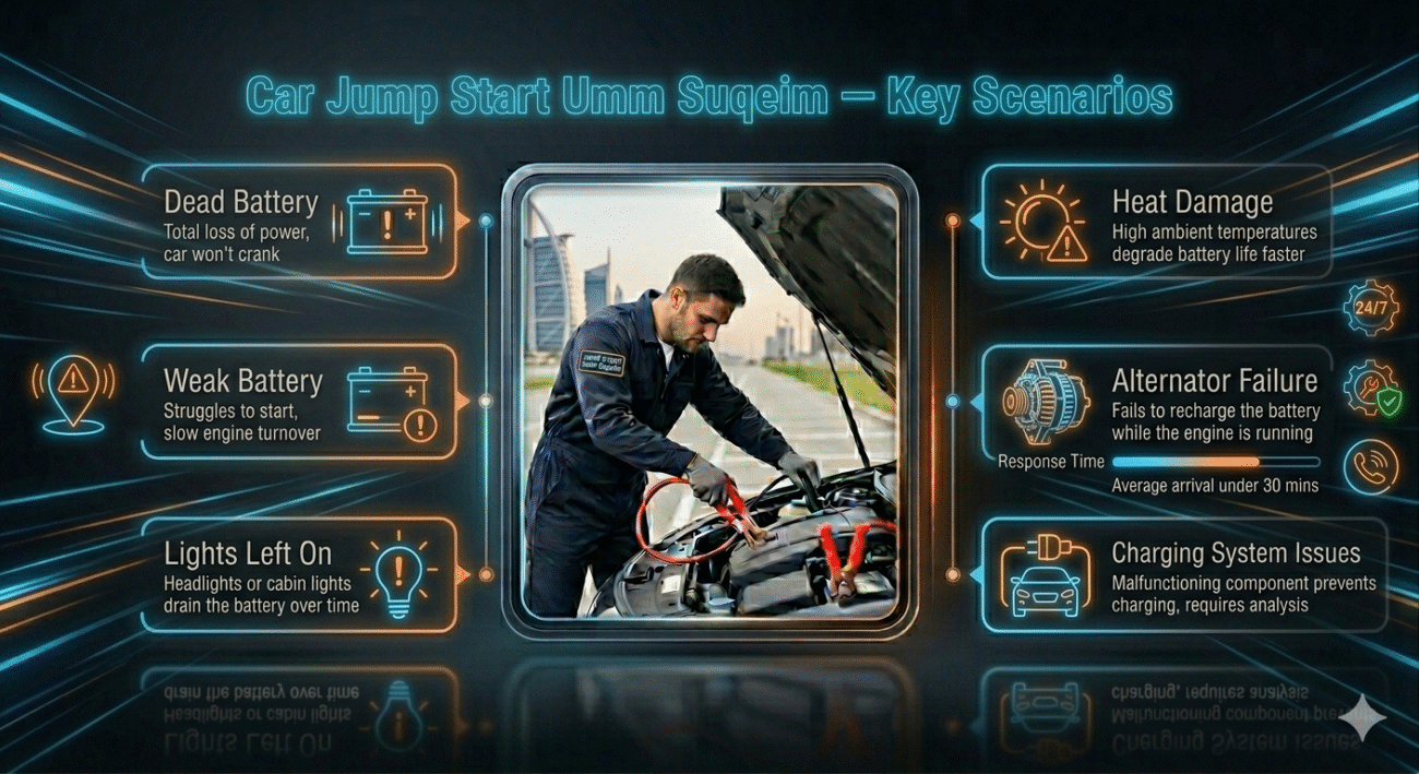 Infographic showing key scenarios for car jump start in Umm Suqeim with dead battery, weak battery, and alternator failure reasons.