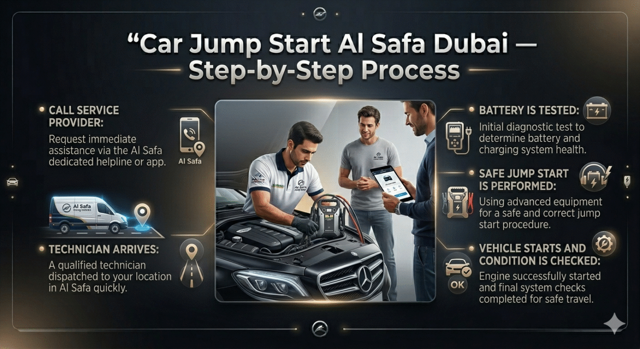 Infographic showing step-by-step car jump start process in Al Safa Dubai with technician and vehicle in center and process steps on sides.
