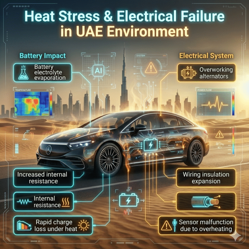 A futuristic car in UAE desert heat with glowing diagnostic overlays showing how extreme temperature causes battery and electrical system failure.Extreme Battery Drain in Dubai? Hidden Electrical Issue Revealed + Fast Solution (2026)