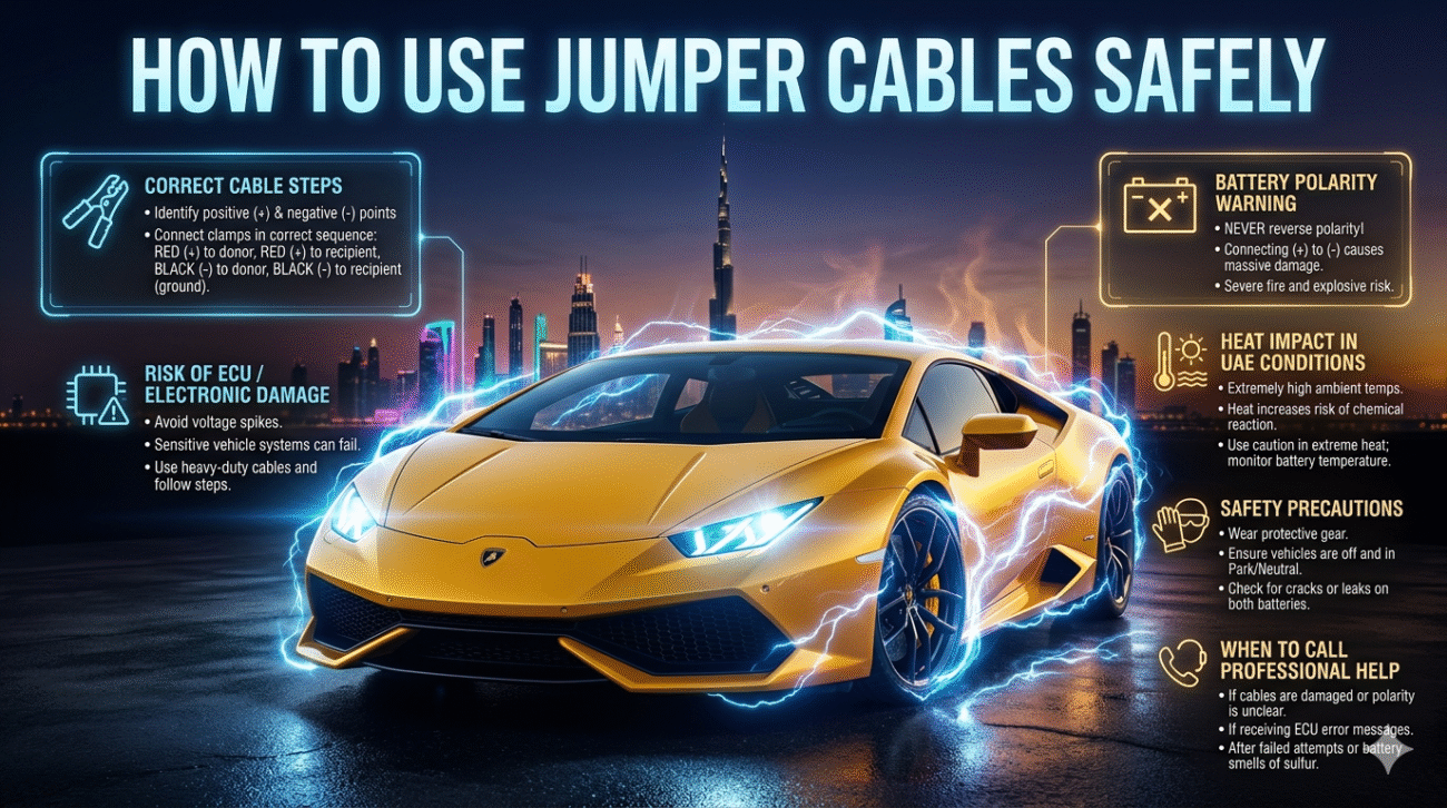 Cinematic infographic showing a Lamborghini-style car in Dubai with jumper cables and safety steps displayed on both sides explaining how to use jumper cables safely.