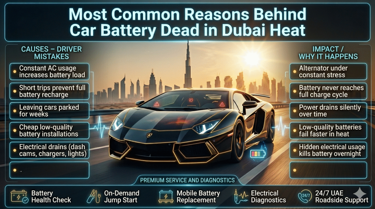 Infographic featuring a luxury car in Dubai heat with key causes of battery failure such as AC usage, short trips, long parking, cheap batteries, and electrical drains displayed in a modern layout.