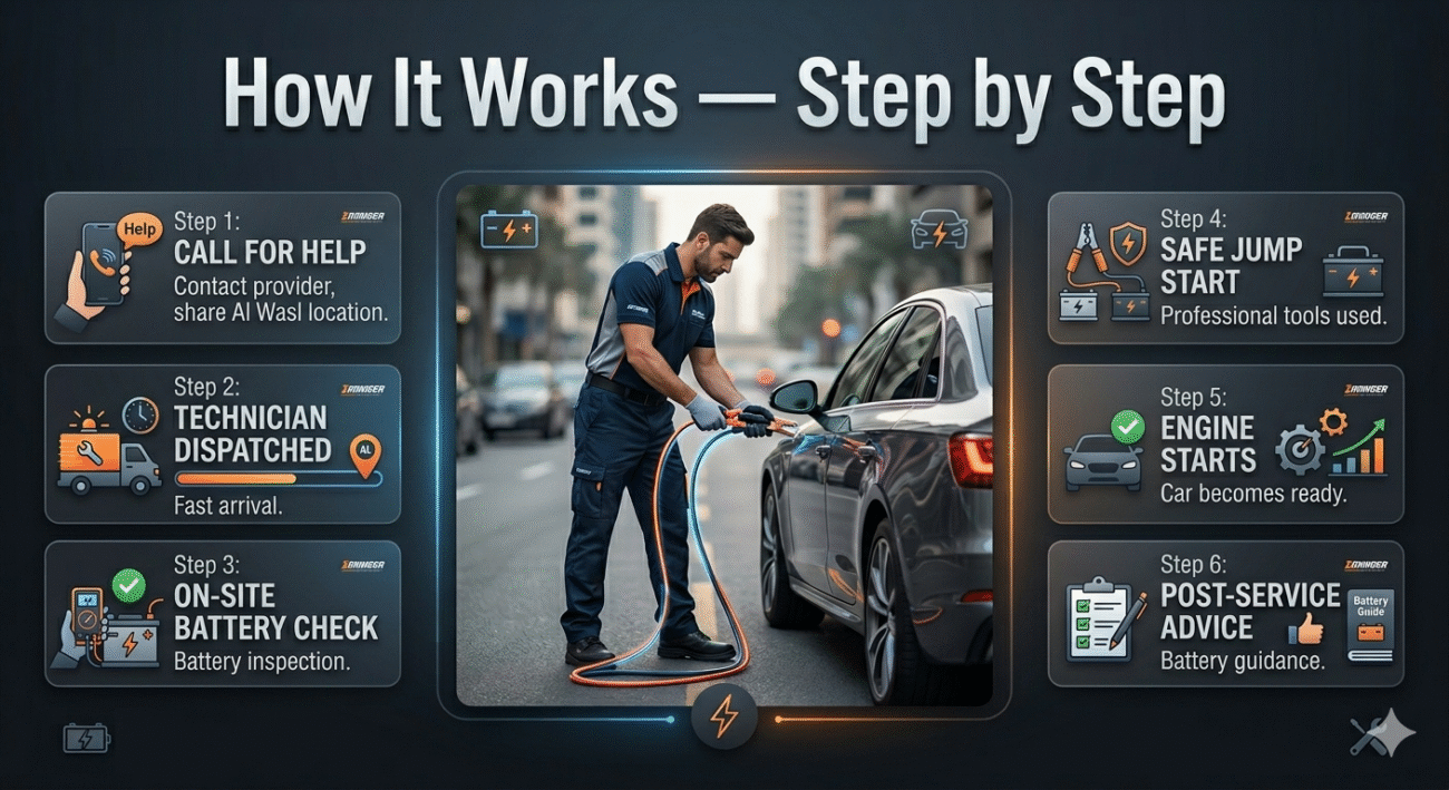 Step-by-step infographic showing how emergency jump start works in Al Wasl with a central technician assisting a car and clear steps listed on the sides.