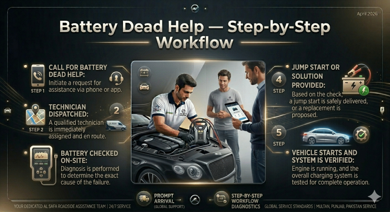 Infographic showing battery dead help workflow steps from calling service to vehicle starting and system verification.