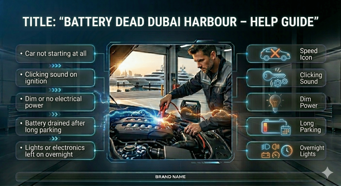 Car battery jump start help in Dubai Harbour showing a technician connecting cables with key warning signs displayed around the image.
