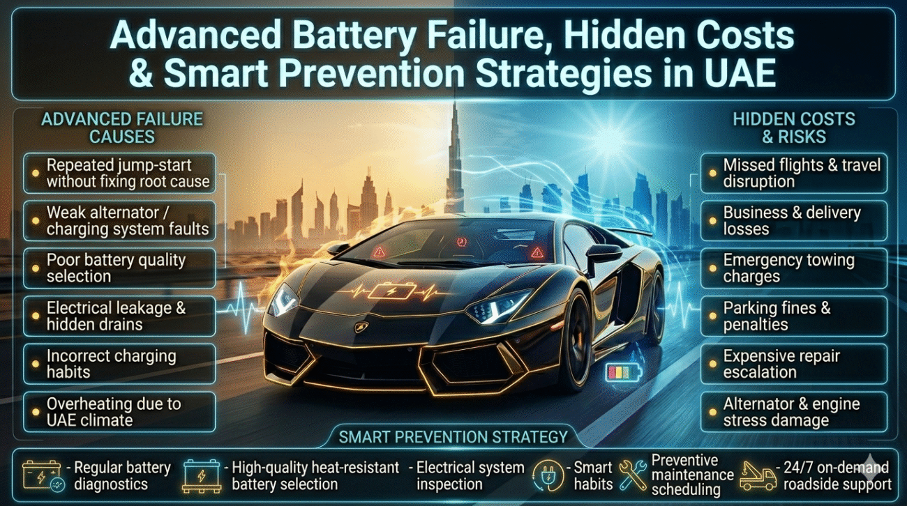 Infographic showing a luxury car in Dubai with advanced battery failure causes on one side and hidden costs and smart prevention strategies on the other, highlighting financial risks and long-term solutions.Car Battery Dead in Dubai Heat, solve that solution profesionally.