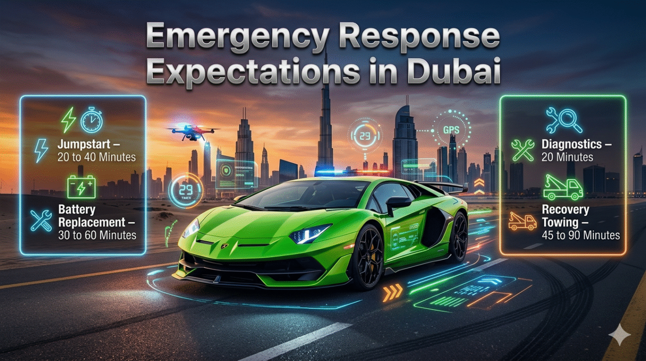 Luxury Dubai roadside assistance infographic with Lamborghini car and emergency response times for jumpstart, battery replacement, diagnostics, and towing services.