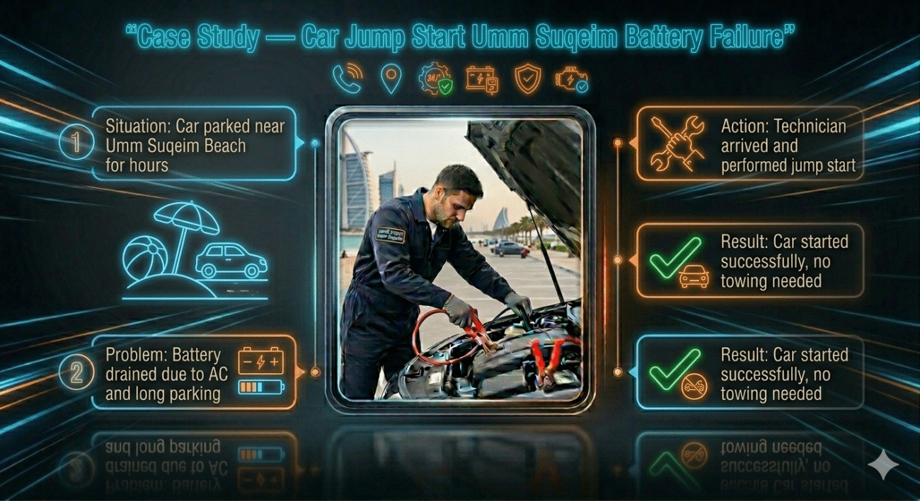 Infographic showing case study of battery failure in Umm Suqeim with technician jump starting a car and successful result.